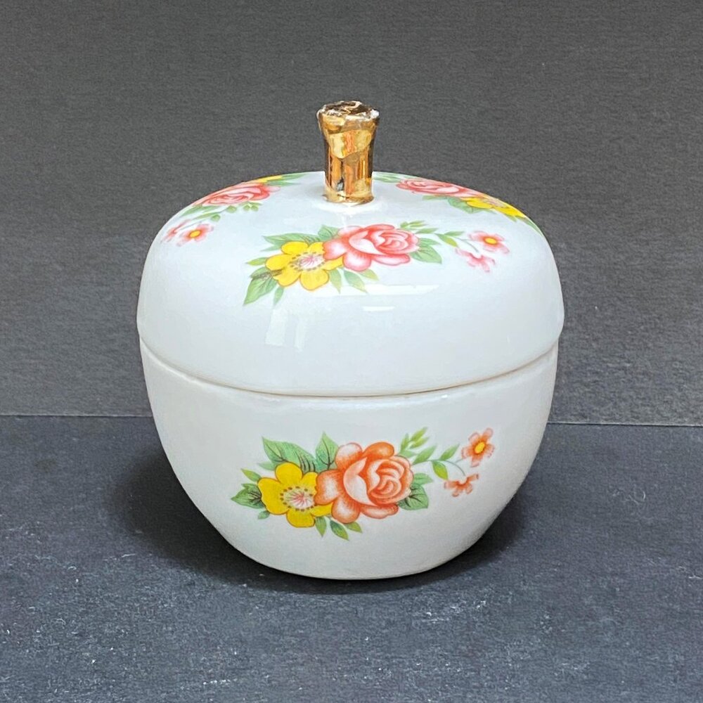 Adorable Little Apple Shaped Trinket Box - White with Hand Painted Flowers